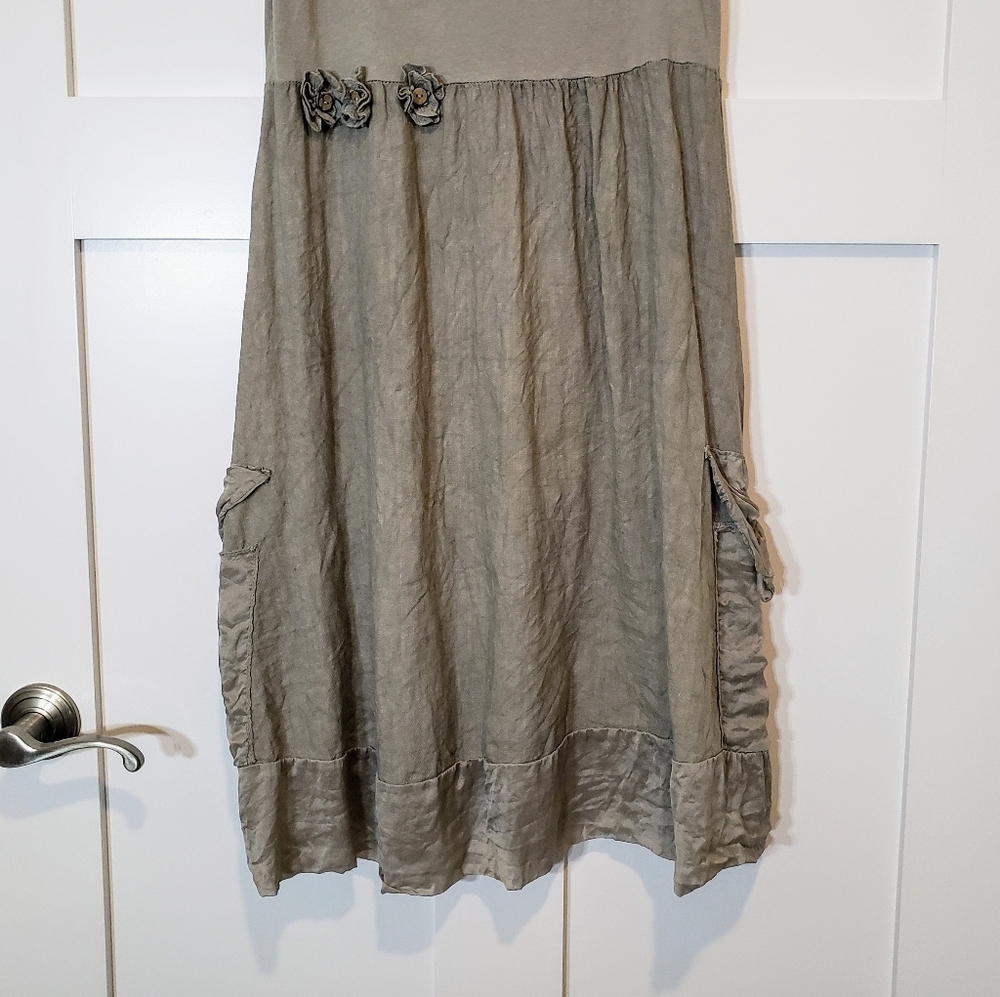 Sweetissima Italy Made Linen Sleeveless Midi Dress Floweretts Olive Gree… - Picture 4 of 16